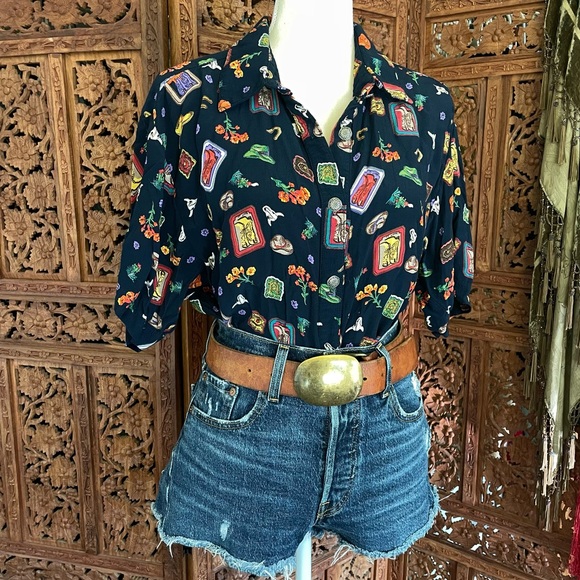 Vintage Western Cowgirl boots hat floral Print button down Shirt - Picture 3 of 12